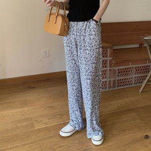 Floral trousers elastic waist all-match loose and